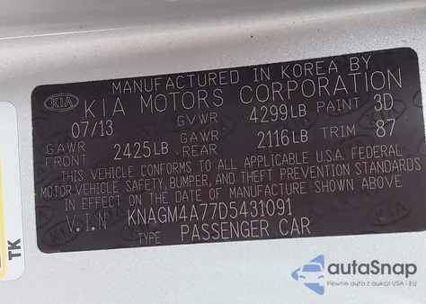 2013 Kia Optima Lx из США, поврежденный, VIN KNAGM4A77D5431091